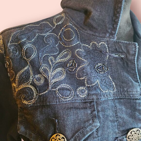 Chico's Platinum Dark Wash Denim Jacket embroidered beaded boho country western - Picture 5 of 9